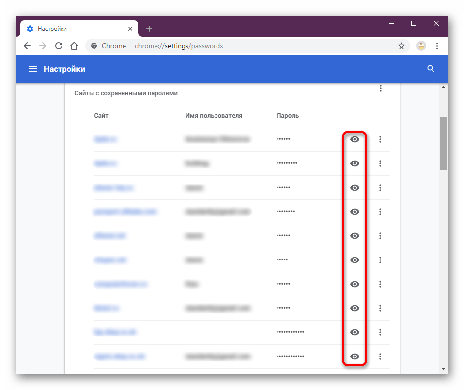 Кнопка для просмотра паролей в браузере Google Chrome