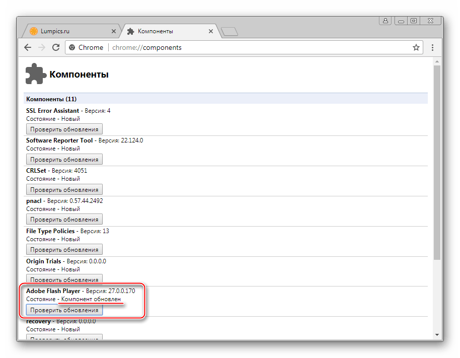 Flash Player в Google Chrome установлен и обновлен