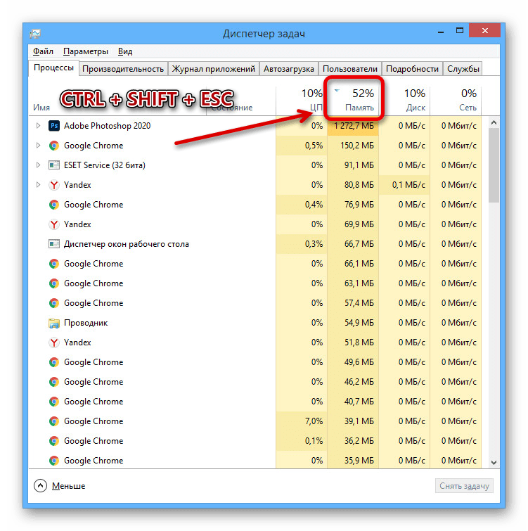 Просмотр процессов потребляющих память в Диспетчере задач Windows