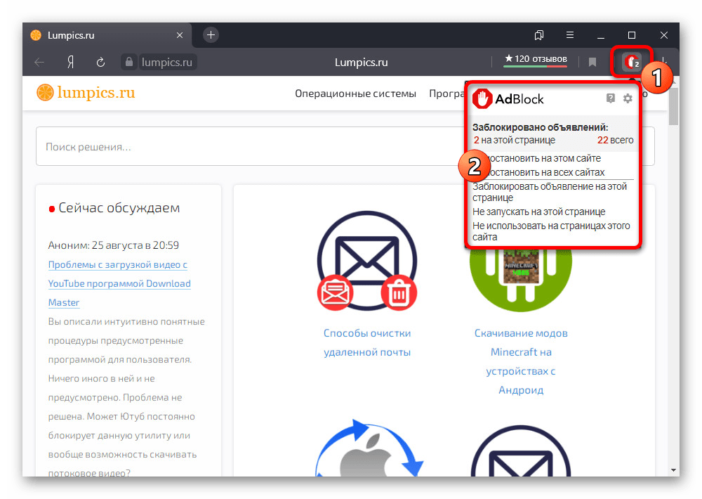 Успешное включение AdBlock на отдельном сайте в Яндекс.Браузере
