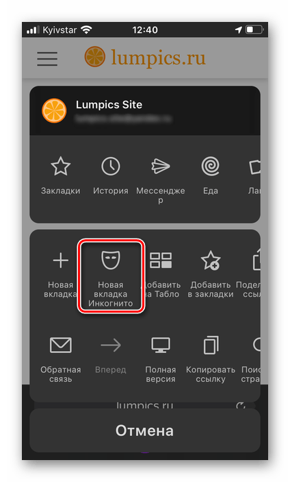 Вызов новой вкладки в режиме инкогнито в Яндекс.Браузере на iPhone