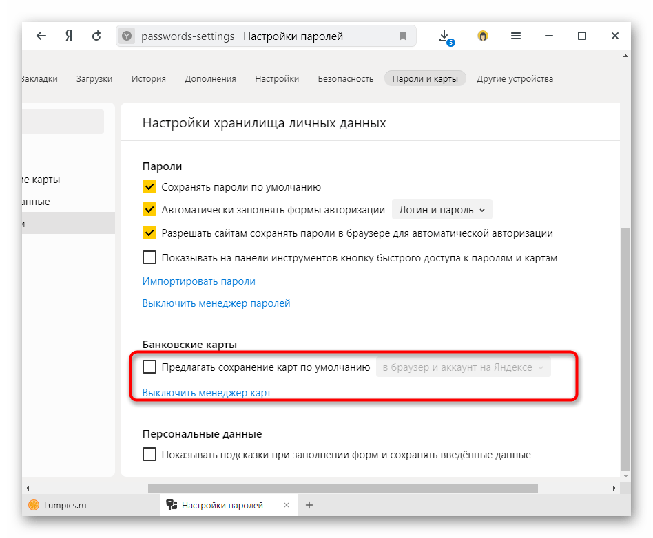 Отключение сохранения данных о банковских картах в Яндекс.Браузере