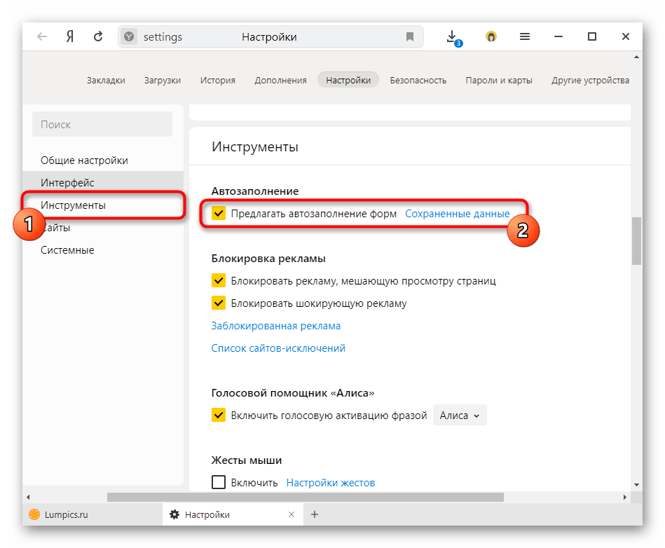 Отключение автозаполнения форм в Яндекс.Браузере