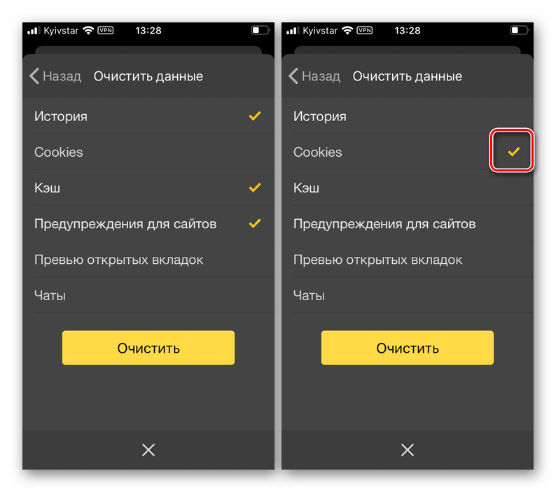 Выделение куки для их очистки в Яндекс Браузере на iPhone