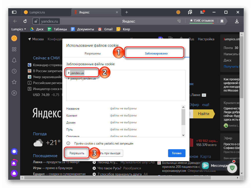 Просмотр сайтов с отключенным сохранением куки в Яндекс.Браузере на ПК