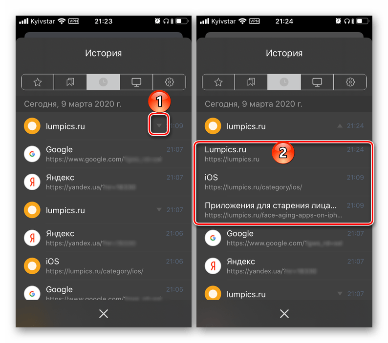 Развернуть список страниц сайта в истории в Яндекс.Браузере на iPhone