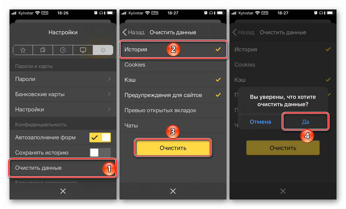 Очистить данные в Яндекс.Браузере на iPhone