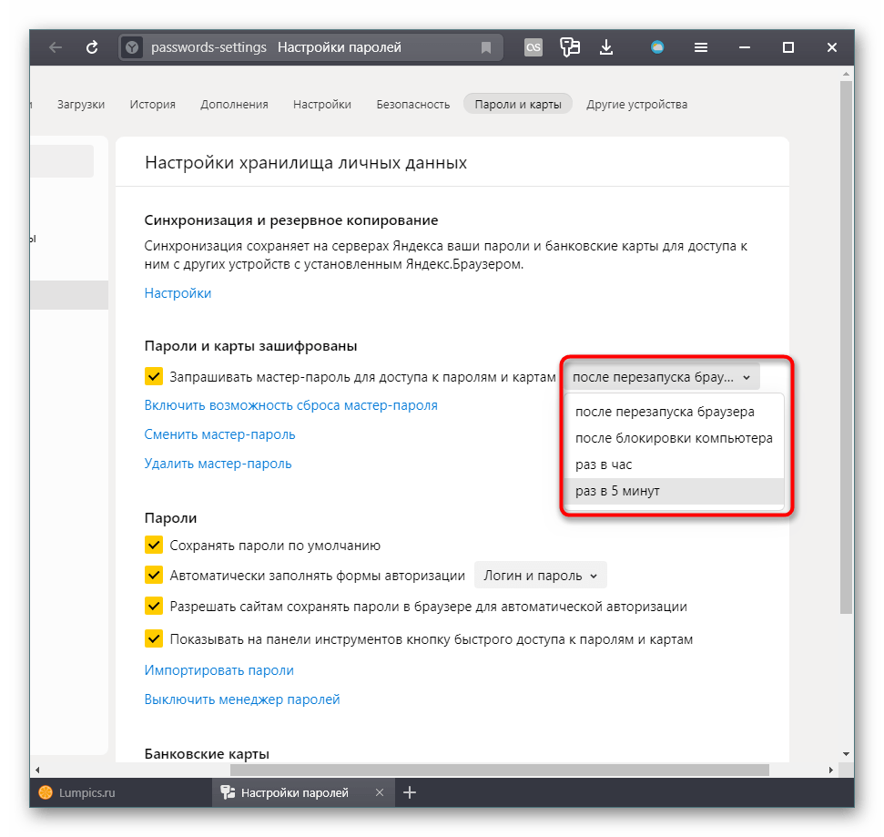 Выбор частоты запроса мастера-пароля в Яндекс.Браузере