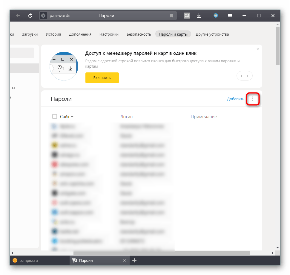 Кнопка дополнительных функций работы с паролями в Яндекс.Браузере