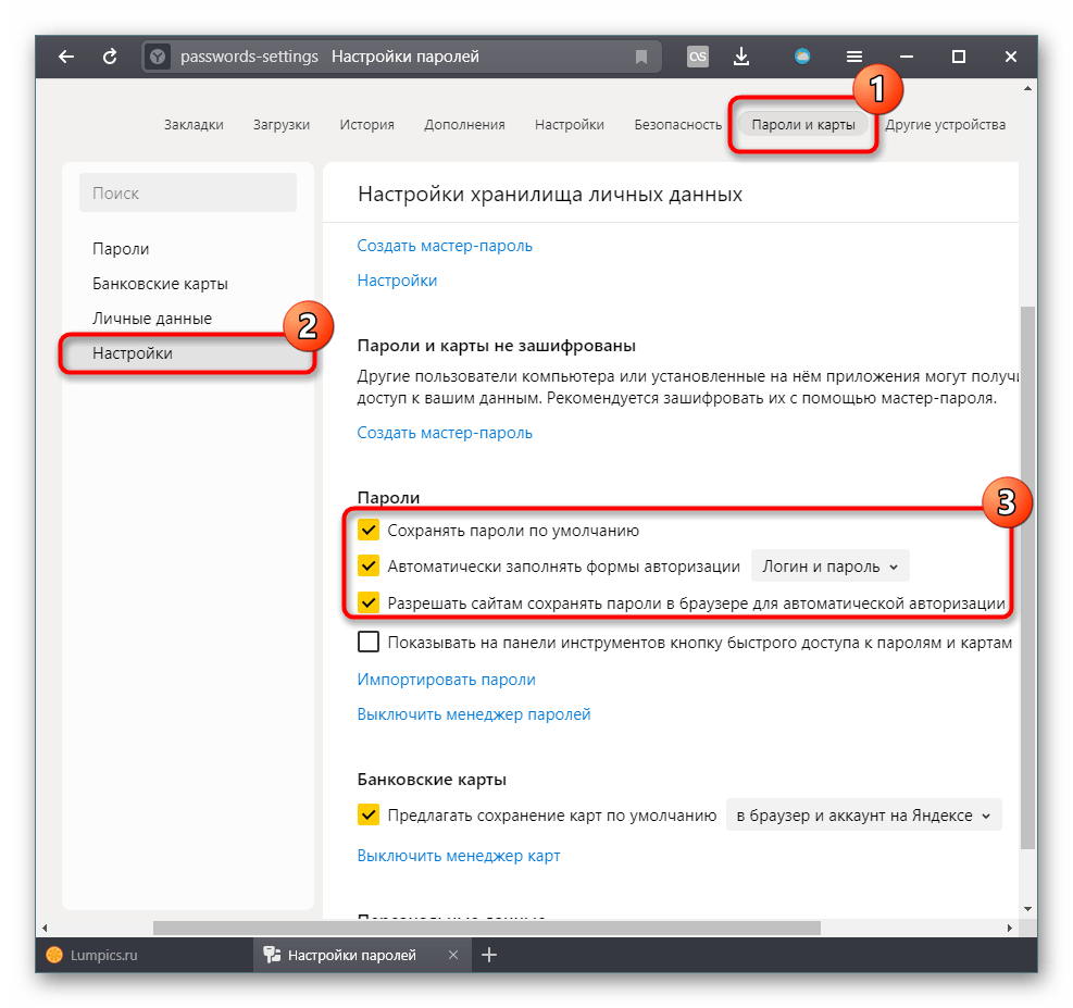 Включение функций сохранения паролей в Яндекс.Браузере