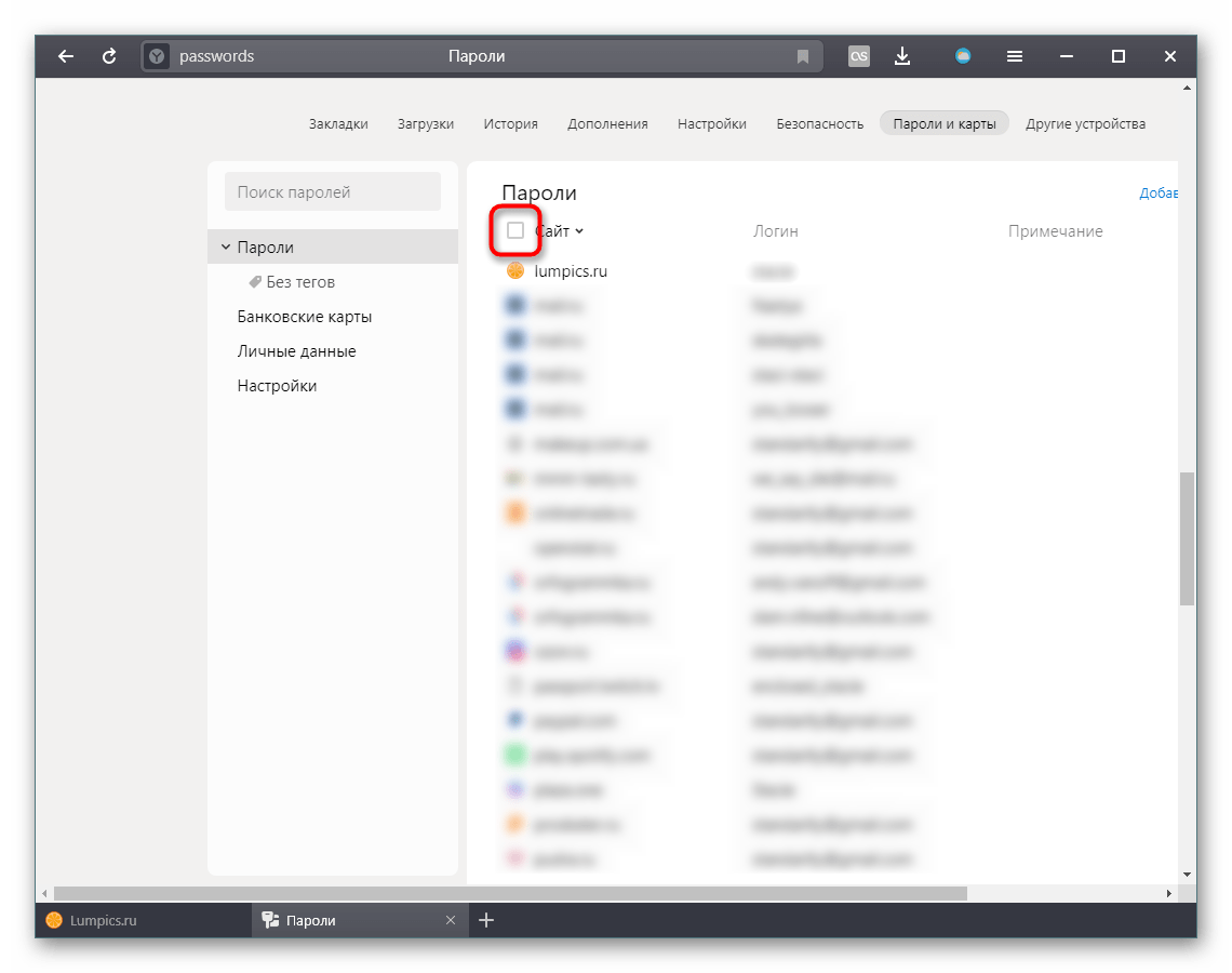 Выделение всех паролей одним кликом для удаления через настройки в Яндекс.Браузере