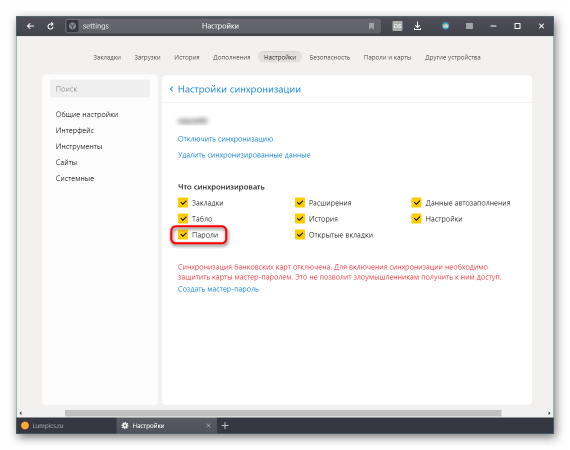 Отключение синхронизации паролей при использовании своей учетной записи в Яндекс.Браузере