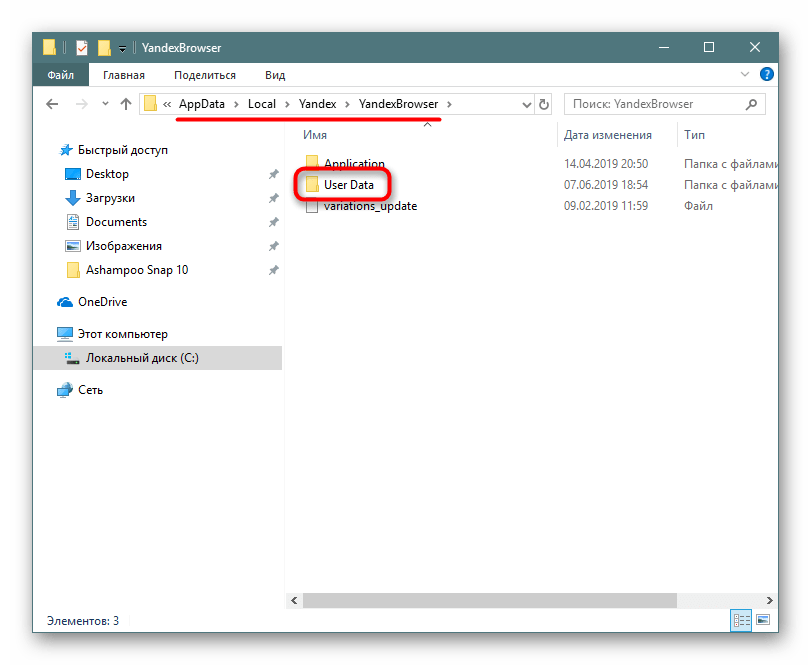 Папка User Data в системных файлах Яндекс.Браузера
