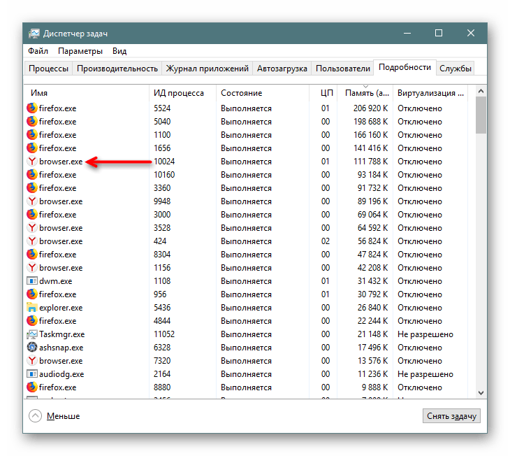 Поиск процесса Яндекс.Браузера в Диспетчере задач