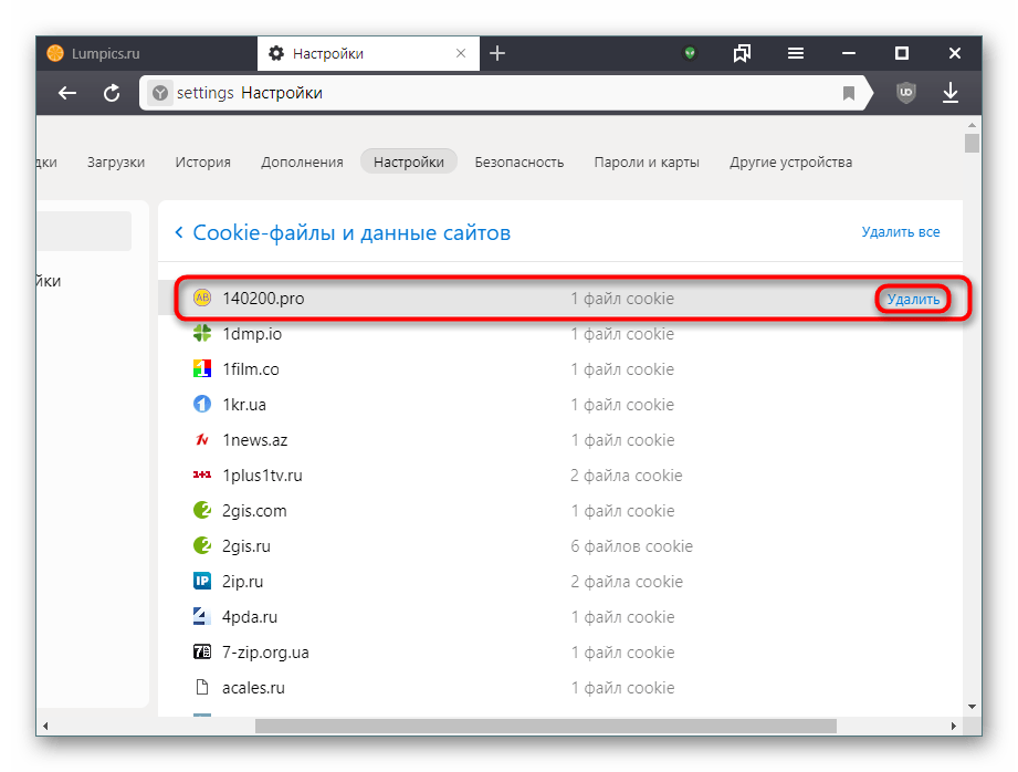 Выборочное удаление Cookie-файлов в Яндекс.Браузере