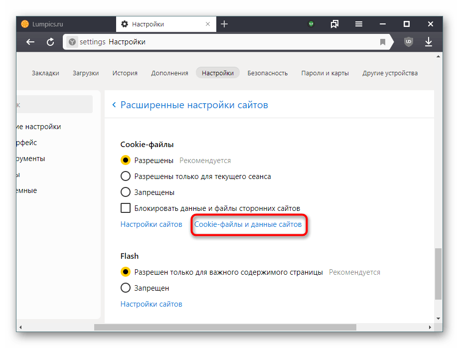 Настройки Cookie в Яндекс.Браузере
