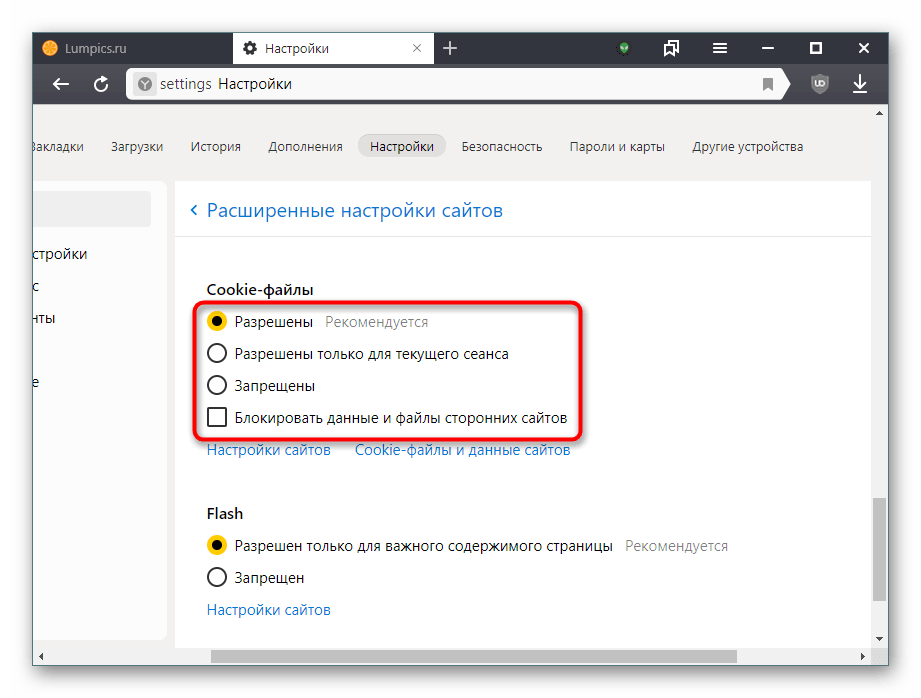 Управление сохранением Cookies-файлов в Яндекс.Браузере