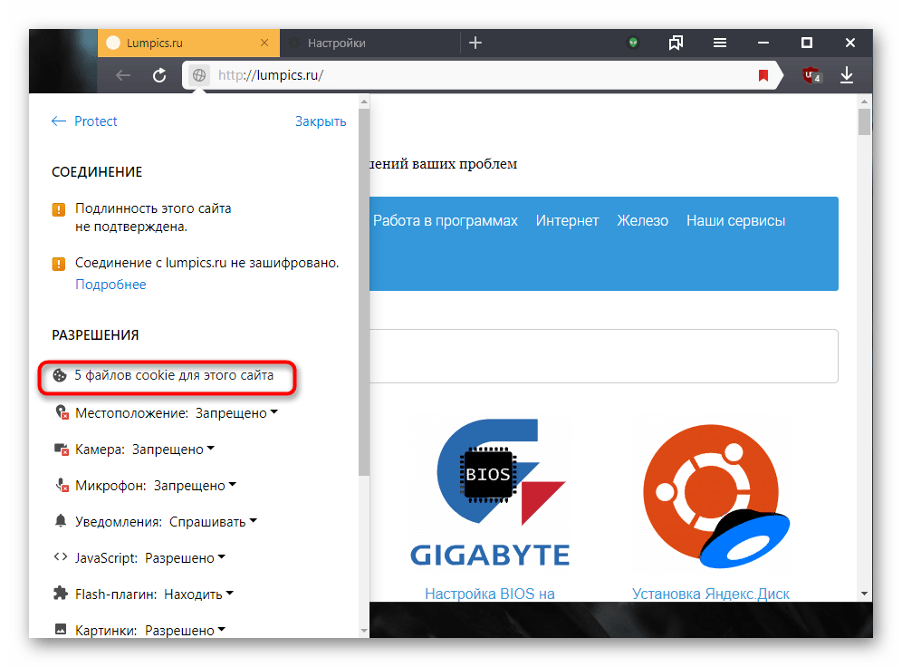 Переход к списку Cookies для открытого сайта в Яндекс.Браузере