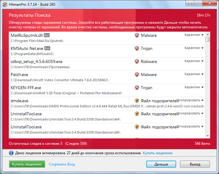 Результаты сканирования программой Hitman Pro