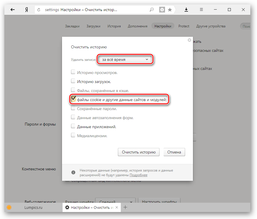 Удаление куков в Яндекс.Браузере