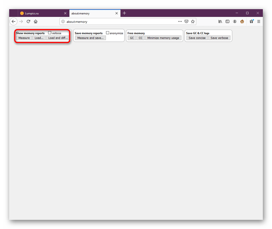 Открытие списка потребления оперативной памяти в браузере Mozilla Firefox