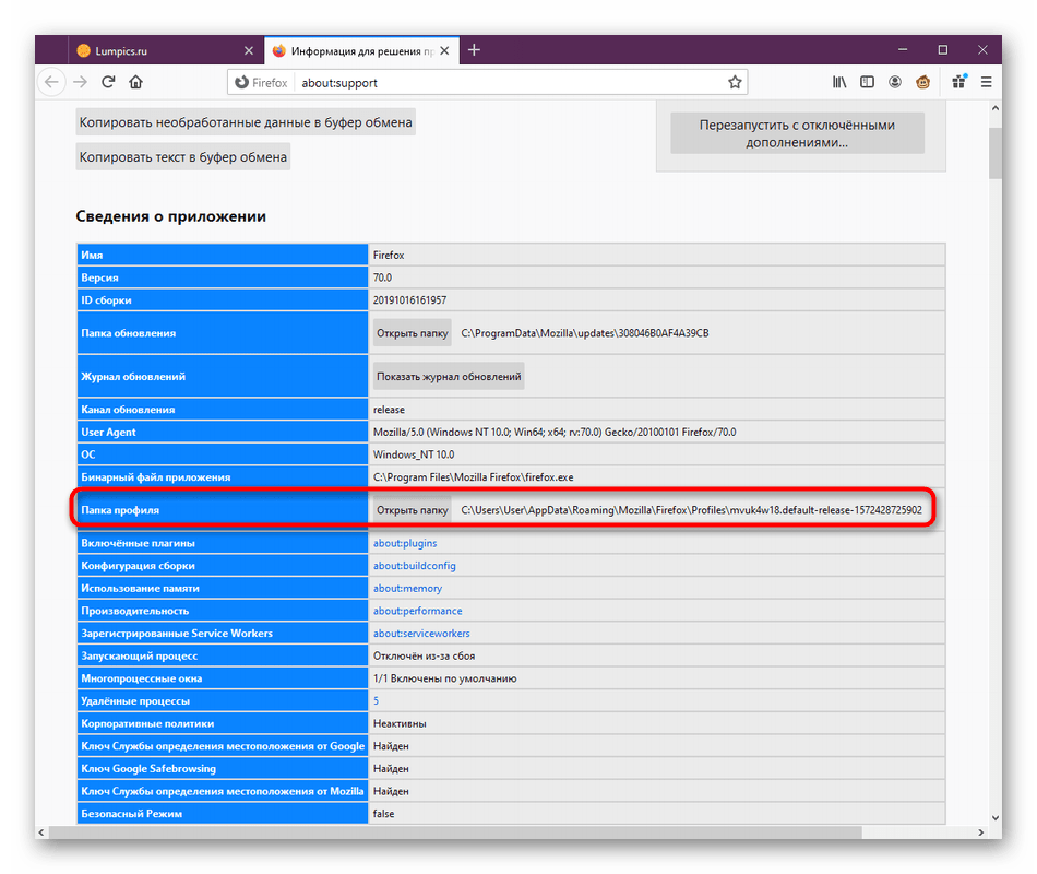 Переход к пользовательской папки браузера Mozilla Firefox для удаления дублей предыдущих сессий