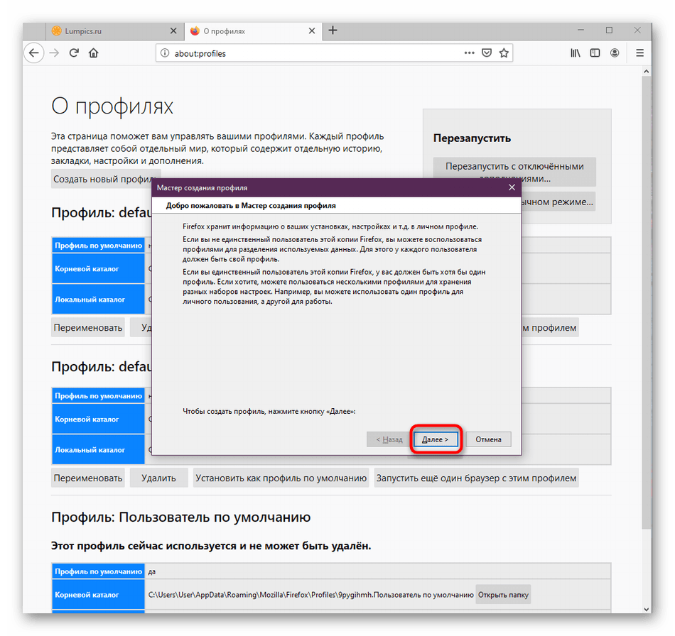 Ознакомление с мастером создания нового профиля в браузере Mozilla Firefox