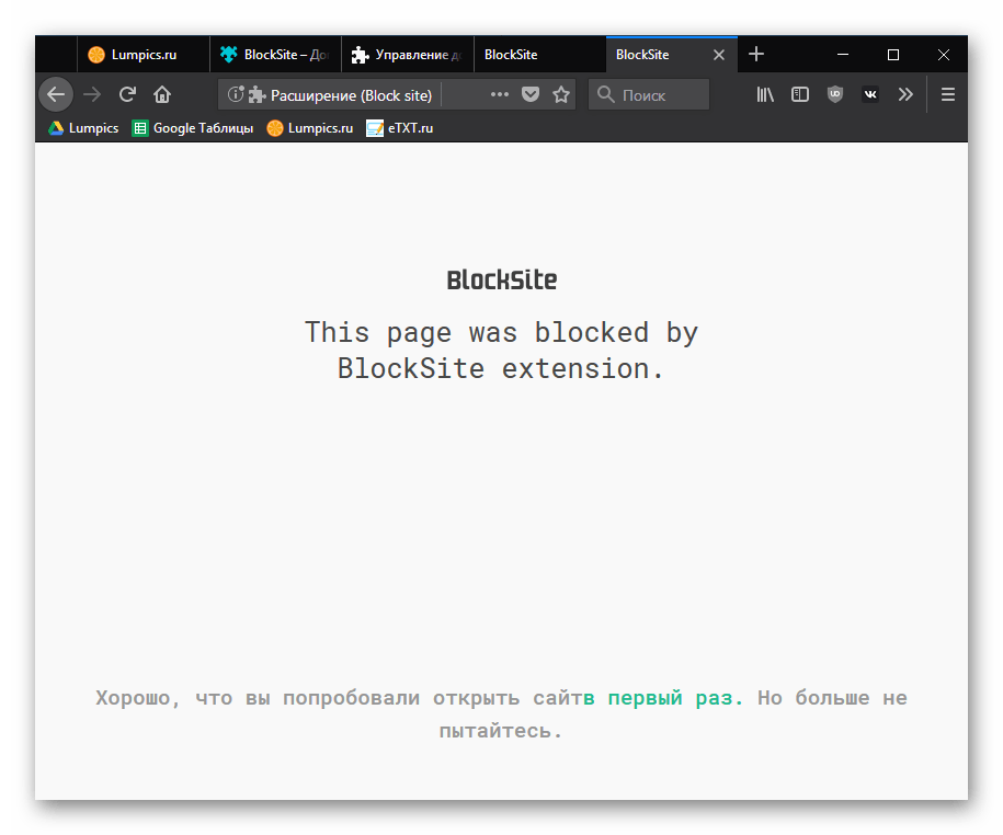 Пример блокировки сайта в BlockSite для Mozilla Firefox