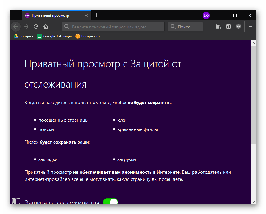 Внешний вид приватного окна в Mozilla Firefox