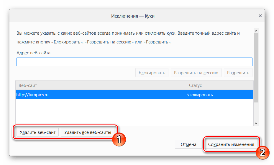 Удаление сайта из исключений куки в Mozilla Firefox