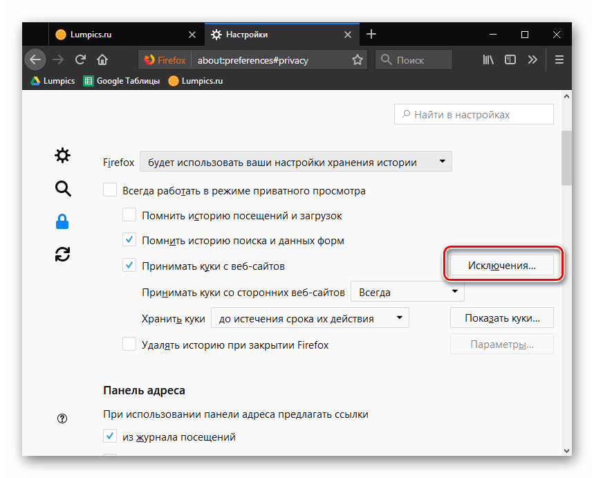 Исключения куки в Mozilla Firefox