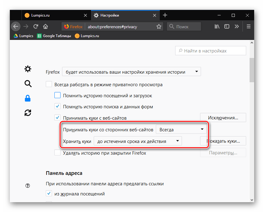 Дополнительные настройки куки в Mozilla Firefox