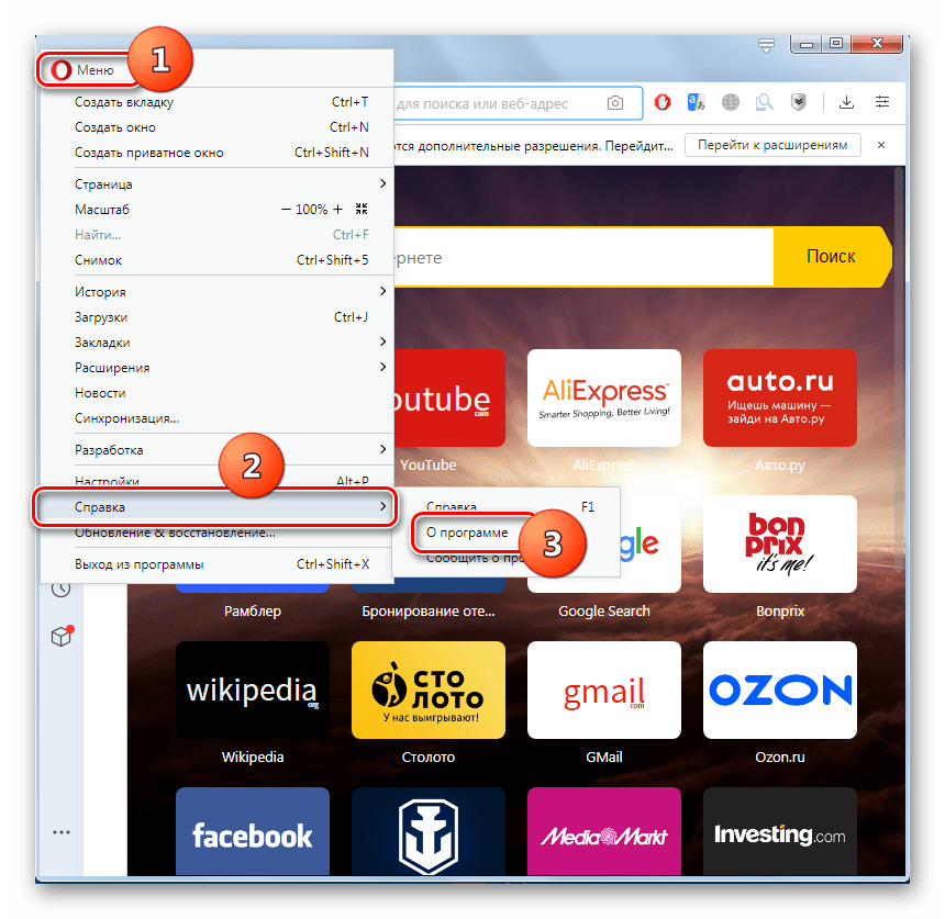 Переход в раздел О программе через главное меню браузера Опера
