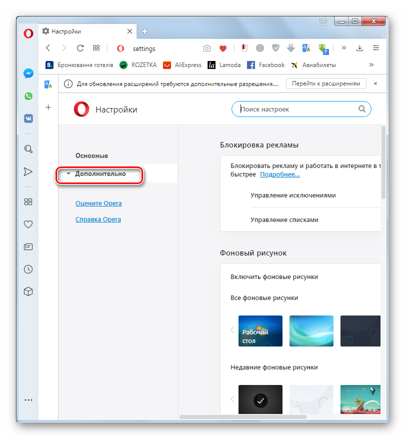 Открытие группы разделов Дополнительно в окне настроек в браузере Opera