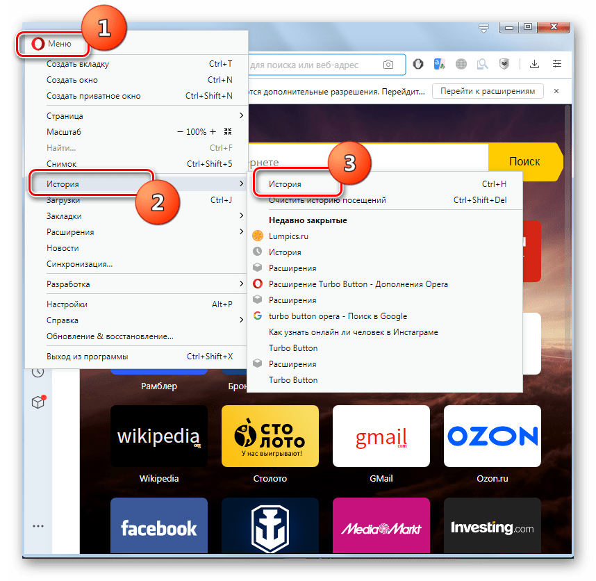 Переход на страницу истории посещений с помощью главного меню в браузере Opera