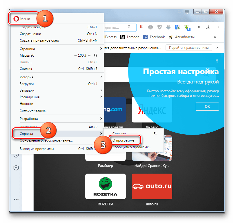Переход в раздел О программе с помощью главного меню в браузере Opera