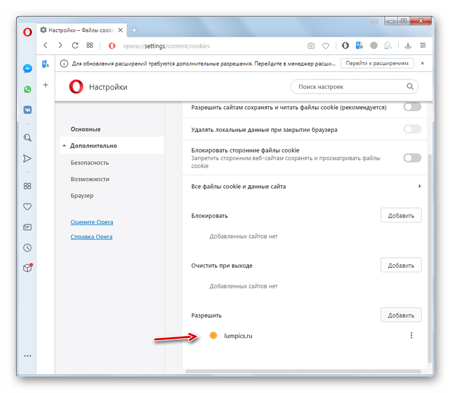 Прием файлов cookie для отдельного сайта включен в окне дополнительных настроек безопасности в браузере Опера
