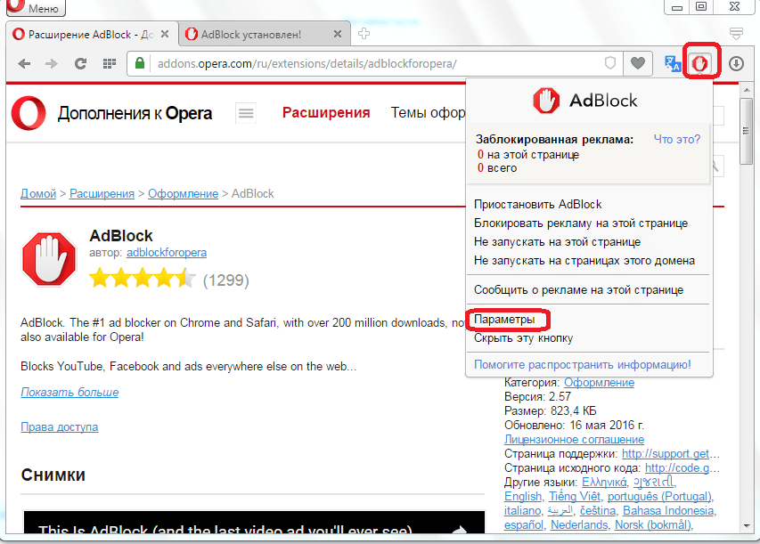 Переход в параметры AdBlock в Opera