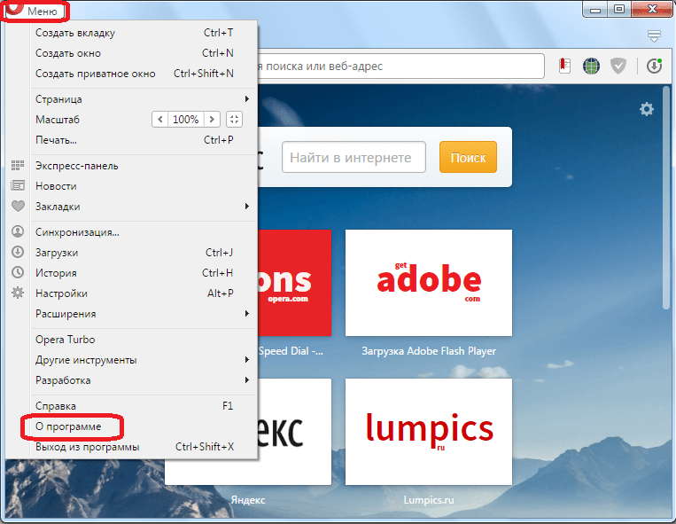 Переход в пункт о программе в Opera