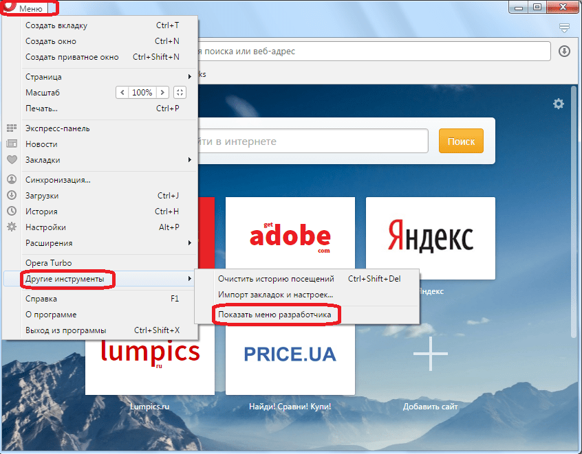 Включение меню разработчика в Opera