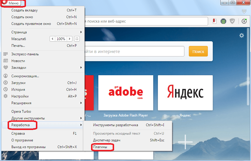 Переход в раздел плагинов в Opera