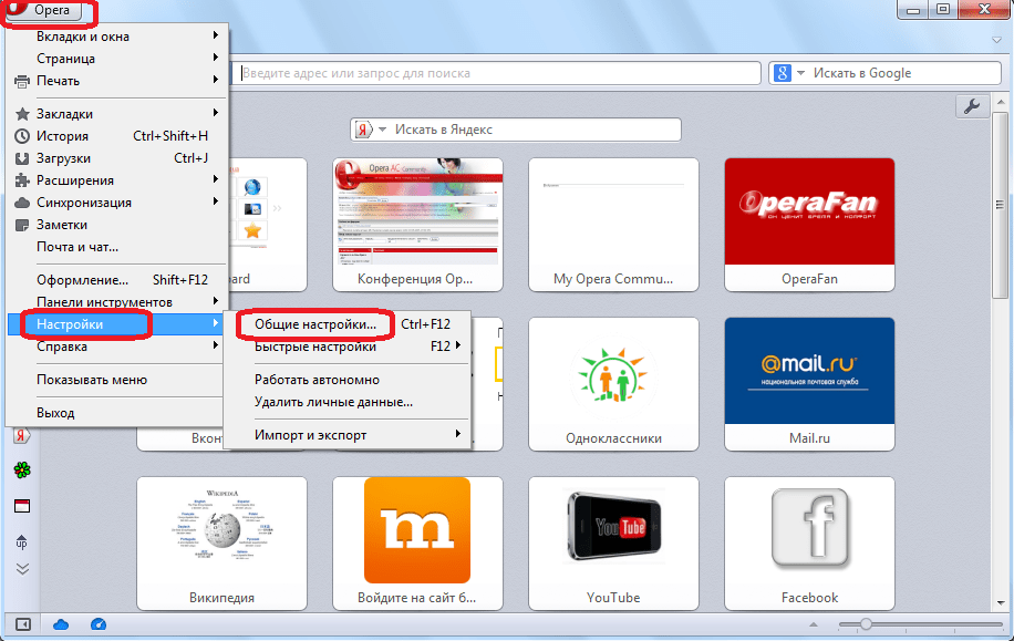 Переход в общие настройки Opera