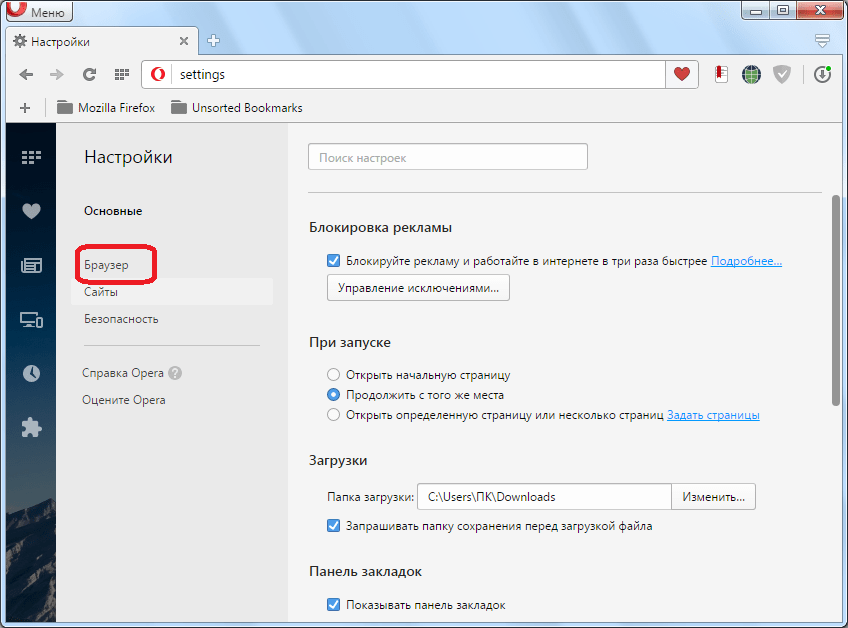 Переход в раздел Браузер в Opera