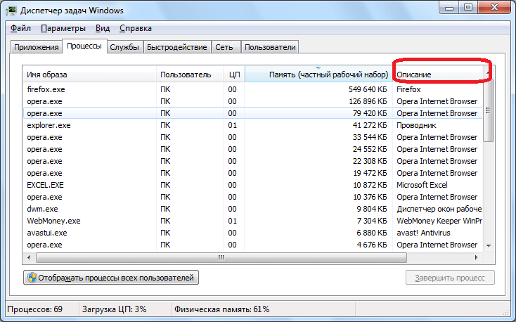 Описание процессов в Диспетчере задач