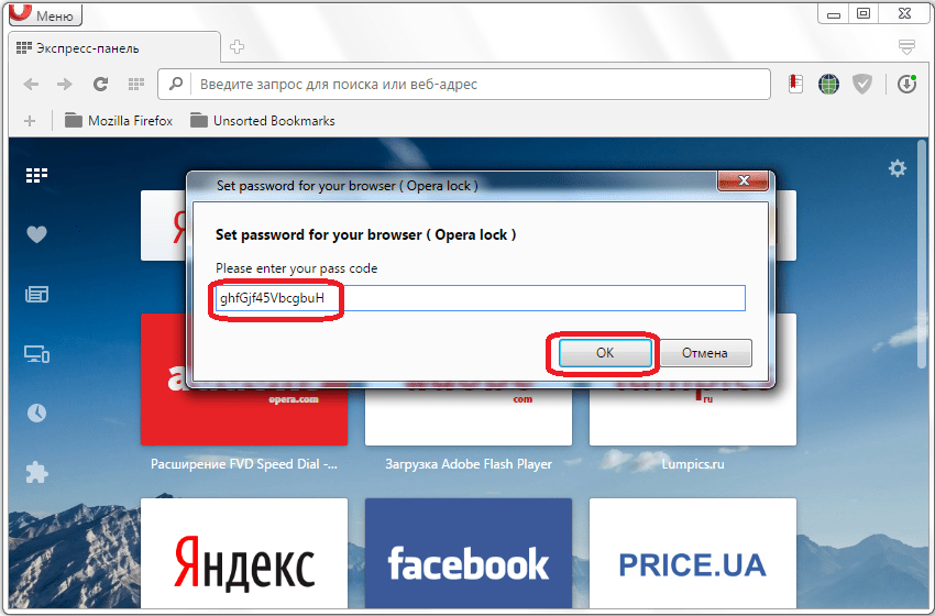 Ввод пароля в расширении Set password for your browser  для входа в Opera