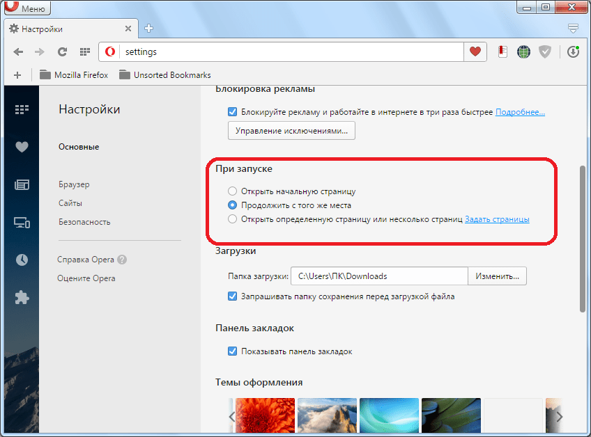 Блок настроек при запуске в Opera
