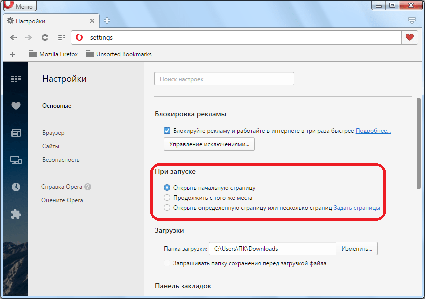 Раздел При запуске в браузере Opera