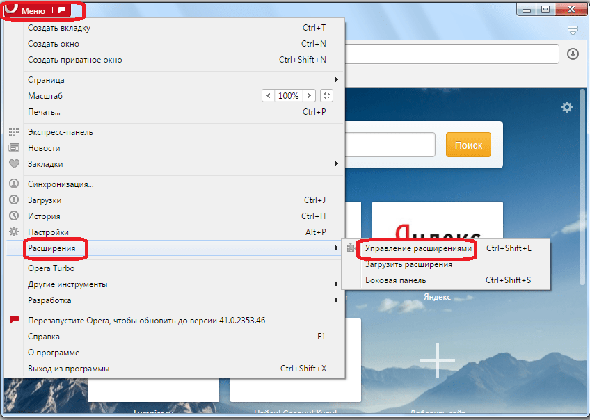 Переход в раздел управления расширениями в Opera