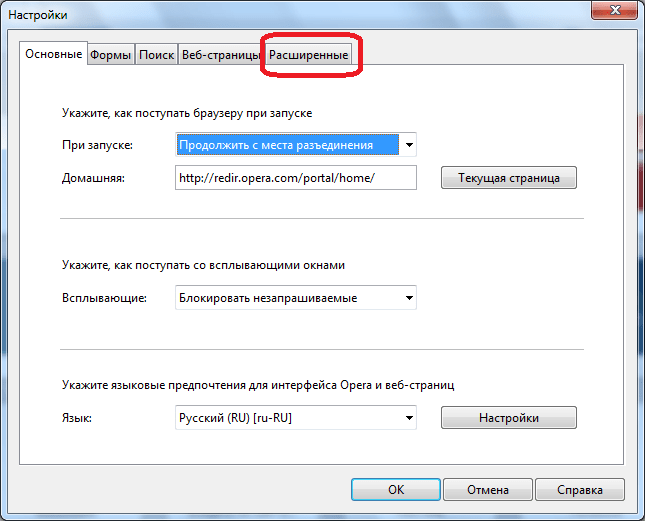 Переход во вкладку расширенных настроек Opera