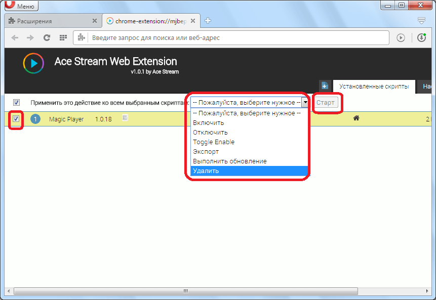 Применяемые действия со сриптом TS Magic Player для Opera
